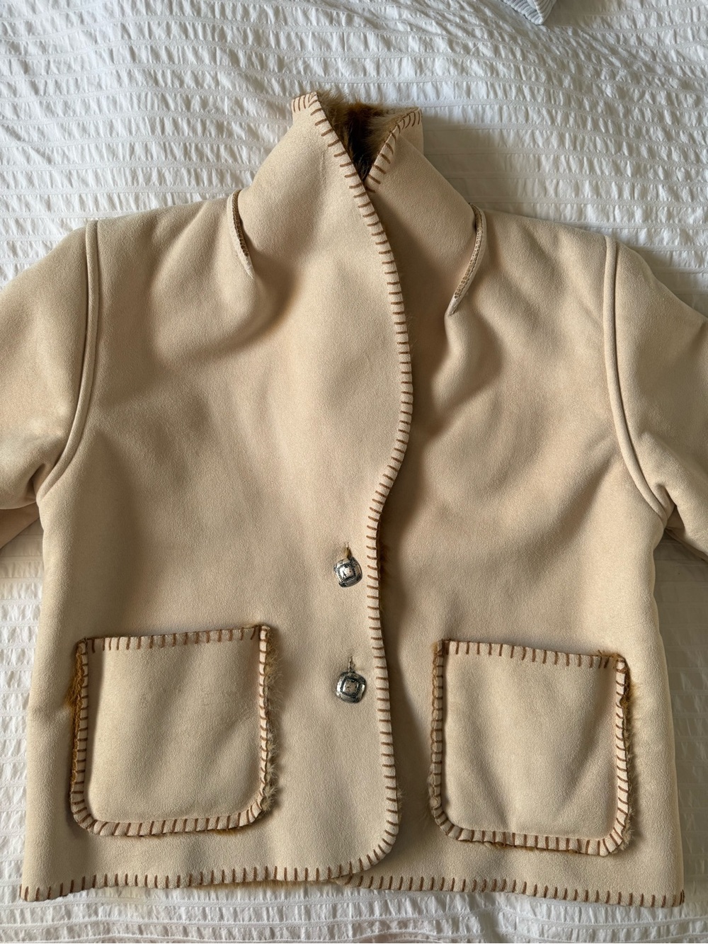 Coldwater Creek Faux-Shearling Cream & TanJacket with Faux-Fur Inner/Trim Size M - Picture 11 of 14